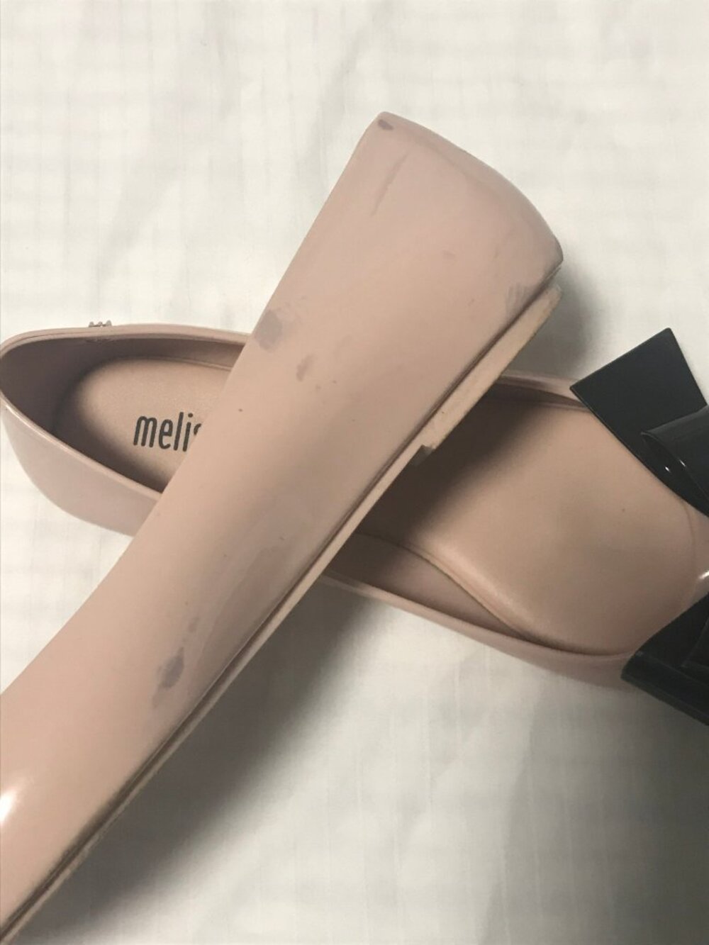 Melissa Beige Nude Jelly Rubber Ballerina Flats with Black Bow 6 - Picture 5 of 7